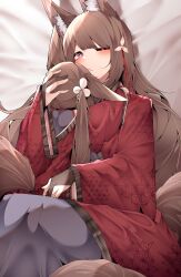 Rule 34 | 2girls, age difference, aged down, amagi-chan (azur lane), amagi (azur lane), animal ear fluff, animal ears, azur lane, bed sheet, blush, bridal gauntlets, brown tail, commentary, dated commentary, dual persona, fox ears, fox tail, gloves, hair ornament, hand on another&#039;s head, hand on another&#039;s shoulder, highres, hug, japanese clothes, kimono, long hair, looking at viewer, lying, multiple girls, on back, one eye closed, purple eyes, red kimono, samip, tail, tree, very long hair, window
