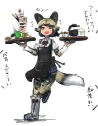 Rule 34 | 1girl, adeshi (adeshi0693119), african wild dog (kemono friends), african wild dog print, animal ears, apron, black apron, bodystocking, boots, bow, bowtie, coffee, coffee pot, collared shirt, dog ears, dog girl, dog tail, drink, fang, flying sweatdrops, full body, highres, holding, holding tray, kemono friends, layered sleeves, long sleeves, multicolored hair, open mouth, parfait, running, shirt, short hair, short over long sleeves, short sleeves, sketch, solo, tail, tray, two-tone hair, waitress