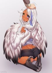 Rule 34 | 1girl, :o, arched back, artist name, ass, back, bare shoulders, belt, black belt, black shorts, blue eyes, blue hair, blush, borrowed character, claws, commission, dark skin, eliana (mgl139), feathered wings, feathers, from behind, full body, gradient wings, grey background, hair over shoulder, harpy, headpat, heterochromia, highres, iwbitu, long hair, looking at viewer, looking back, micro shorts, midriff, monster girl, multicolored hair, multicolored wings, nose blush, original, seiza, short shorts, shorts, sitting, solo focus, split mouth, streaked hair, talons, tank top, white feathers, white hair, white wings, winged arms, wings, yellow eyes