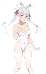 Rule 34 | 1girl, absurdres, animal ears, artist name, bare arms, bare shoulders, black clover, blush, breasts, choker, cleavage, commentary, coro fae, covered navel, fake animal ears, gluteal fold, hair ornament, hair ribbon, hand on own chest, highleg, highleg leotard, highres, large breasts, legs apart, leotard, noelle silva, open mouth, pantyhose, playboy bunny, purple eyes, ribbon, shadow, silver hair, simple background, solo, standing, strapless, strapless leotard, thighs, twintails, white background, white choker, white leotard, white pantyhose, ||/