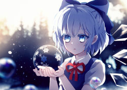 Rule 34 | 1girl, blue bow, blue dress, blue eyes, blue hair, blush, bow, cirno, collared shirt, detached wings, dise (psychoro), dress, fairy, hair bow, highres, ice, ice wings, open mouth, puffy short sleeves, puffy sleeves, shirt, short hair, short sleeves, solo, touhou, upper body, white shirt, wings