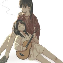 Rule 34 | 2girls, bare legs, black hair, cigarette, commentary, closed eyes, grey footwear, guitar, hand up, holding, holding cigarette, holding instrument, instrument, inuko (ink0425), jewelry, lap pillow, leaning on person, long hair, long sleeves, multiple girls, music, no pants, open mouth, original, oversized clothes, oversized shirt, playing instrument, red sweater, ring, shirt, shoes, simple background, singing, smoke, smoking, sneakers, socks, sweater, white background, white legwear, white shirt, yuri