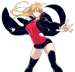 Rule 34 | 10s, 1girl, bad id, bad pixiv id, black footwear, black jacket, black shorts, black thighhighs, blonde hair, boots, breasts, eyebrows, female focus, floating hair, genderswap, genderswap (mtf), gluteal fold, izumi kouhei, jacket, large breasts, legs apart, long hair, long sleeves, looking at viewer, open clothes, open jacket, outstretched arms, palms, pepper fever, shade, shirt, shorts, simple background, sketch, solo, spread arms, standing, t-shirt, thigh boots, thighhighs, uniform, white background, world trigger, yellow eyes