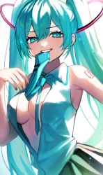 Rule 34 | 1girl, aqua eyes, aqua hair, aqua nails, aqua necktie, armpits, breasts, cleavage, hatsune miku, highres, long hair, looking at viewer, mouth hold, nail polish, necktie, simple background, skirt, smile, solo, ste sou25, tattoo, teeth hold, twintails, upper body, very long hair, vocaloid