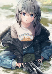 Rule 34 | 1girl, ai (re:lief), black footwear, black jacket, blue eyes, blue pants, breasts, clothes writing, commentary request, commission, denim, fur-trimmed jacket, fur trim, grey hair, hair between eyes, hair ornament, jacket, jeans, kurono mitsuki, long sleeves, looking at viewer, medium breasts, off shoulder, on grass, open clothes, open jacket, pants, parted lips, re:lief ~shin&#039;ai naru anata e~, shirt, shoe soles, sitting, skeb commission, sleeves past wrists, solo, white shirt, x hair ornament