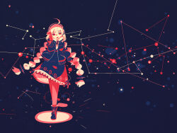 Rule 34 | 1girl, abstract background, ahoge, alternate eye color, arm at side, black jacket, blue background, boots, bracelet, braid, commentary request, cross tie, dated commentary, dress, elbow gloves, fingerless gloves, full body, gloves, half-closed eyes, hand on headphones, hand up, jacket, jewelry, kizuna akari, limited palette, long hair, long sleeves, looking to the side, low twin braids, my11gum, open clothes, open jacket, open mouth, pantyhose, red eyes, red gloves, red pantyhose, ribbed shirt, shirt, short dress, smile, solo, standing, star (symbol), twin braids, very long hair, vocaloid, voiceroid