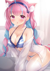 Rule 34 | 1girl, animal ear fluff, animal ears, arched back, bare shoulders, bikini, blue bikini, blue hair, blush, braid, breasts, cat ears, commentary request, dress shirt, extra ears, frilled bikini, frills, hairband, hololive, indoors, long hair, long sleeves, looking at viewer, minato aqua, multicolored hair, neko (minato aqua), nikoo, on bed, open clothes, open shirt, parted lips, pillow, pink eyes, pink hair, shirt, striped bikini, striped clothes, swimsuit, thighhighs, thighs, twin braids, two-tone hair, very long hair, virtual youtuber, white shirt