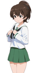 Rule 34 | 1girl, absurdres, artist request, bare legs, brown eyes, brown hair, full body, girls und panzer, green skirt, hair ribbon, hand on own chest, high ponytail, highres, koyama yuzu, looking to the side, ooarai school uniform, ponytail, ribbon, school uniform, simple background, skirt, smile, solo, standing, white background, wide hips