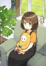 Rule 34 | 1girl, absurdres, artist request, bob cut, brown hair, controller, couch, dress, fall guy, fall guys, green eyes, highres, nintendo switch, original, pinafore dress, short hair, sitting, sleeveless dress, smile, solo, video game, window