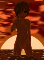 Rule 34 | 1girl, donson, looking at viewer, original, see-through silhouette, short hair, smile, solo, sunset, water
