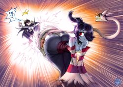 Rule 34 | 2girls, ?, action lines, ass, black hair, bouncing ass, breasts, detached sleeves, fighting, filia (skullgirls), highres, huge ass, large breasts, leviathan (skullgirls), lip biting, long hair, long sleeves, multiple girls, one eye covered, purple hair, red eyes, skullgirls, squigly (skullgirls), sunglasses, the golden smurf