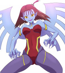 Rule 34 | 1girl, ass, blue skin, breasts, clam curry, cleavage, colored skin, d-reaper, d-reaper adr-01, digimon, digimon (creature), female focus, fingernails, highres, leotard, medium breasts, monster girl, red leotard, shiny skin, simple background, solo, white background, wings, yellow eyes