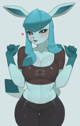 Rule 34 | 1girl, absurdres, animal nose, blue eyes, blue hair, blue skin, blush, breasts, brown shirt, cleavage, colored skin, cowboy shot, creatures (company), crop top, fang, furry, furry female, game freak, gen 4 pokemon, glaceon, hands up, heart, highres, large breasts, looking at viewer, medium breasts, nintendo, open mouth, pokemon, pokemon (creature), shirt, simple background, smile, solo, tail, thigh gap, yawar