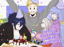 Rule 34 | :d, amajiki tamaki, balloon, birthday, black hair, blonde hair, blue background, blue eyes, blue hair, blueberry, boku no hero academia, border, cake, candle, character name, child, chocolate, confetti, dated, doughnut, english text, eri (boku no hero academia), excited, eye contact, food, french fries, fruit, gift, grey hair, grin, hadou nejire, happy, happy birthday, hat, highres, horns, light blue hair, long hair, looking at another, looking at viewer, okusuritetyo, open mouth, outside border, paper chain, party hat, pointy ears, raised eyebrows, red eyes, short hair, single horn, smile, spiked hair, star (symbol), star print, strawberry, togata mirio, two-tone background, very long hair, white border