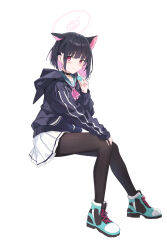 Rule 34 | 1girl, absurdres, animal ears, aqua footwear, black choker, black hair, black jacket, black pantyhose, blue archive, blue sailor collar, blush, cat ears, chenmu sora, choker, closed mouth, colored inner hair, commentary, eating, extra ears, food, full body, halo, hand on own knee, hand up, highres, holding, holding food, hood, hood down, hooded jacket, invisible chair, jacket, kazusa (blue archive), long sleeves, looking at viewer, macaron, miniskirt, multicolored hair, neckerchief, pantyhose, pink eyes, pink hair, pink halo, pink neckerchief, pleated skirt, sailor collar, shoes, short hair, simple background, sitting, skirt, sleeves past wrists, smile, sneakers, solo, tachi-e, two-tone hair, white background, white skirt