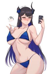Rule 34 | 1girl, absurdres, artist name, asymmetrical horns, bikini, black hair, blue bikini, blue hair, blush, breasts, cameltoe, cellphone, collarbone, colored inner hair, commentary, contrapposto, demon horns, english commentary, highres, holding, holding phone, hololive, hololive english, horns, large breasts, long hair, mole, mole under eye, multicolored hair, myth1carts, navel, nerissa ravencroft, phone, red eyes, shiori novella, signature, simple background, smartphone, solo, stomach, strap lift, swimsuit, uneven horns, very long hair, virtual youtuber, white background