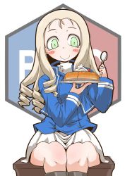 Rule 34 | 1girl, bc freedom (emblem), bc freedom military uniform, black footwear, blonde hair, blue jacket, blue vest, blush stickers, boots, cherry, closed mouth, commentary request, dress shirt, drill hair, emblem, food, fruit, girls und panzer, green eyes, high collar, holding, holding plate, holding spoon, jacket, knee boots, long hair, long sleeves, marie (girls und panzer), military, military uniform, miniskirt, partial commentary, plate, pleated skirt, shiro-noir, shirt, sitting, skirt, smile, solo, spoon, uniform, vest, whipped cream, white background, white shirt, white skirt, zannen na hito