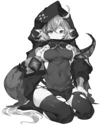 Rule 34 | 1girl, ahoge, antenna hair, arknights, black thighhighs, breasts, closed mouth, clothing cutout, crocodilian tail, detached sleeves, expressionless, flower, gogoco, hair between eyes, highres, hood, hood up, large breasts, lizard tail, long hair, monochrome, pointy ears, seiza, shoulder cutout, sidelocks, sitting, solo, tail, thighhighs, thighs, tomimi (arknights), torn clothes, torn thighhighs, very long hair, white background