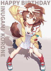 Rule 34 | 1girl, absurdres, animal ears, blush, bone hair ornament, braid, breasts, brown hair, character name, choker, cleavage, closed mouth, commentary, dog ears, dog girl, dog tail, double v, dress, english commentary, english text, full body, gradient background, grey background, hair between eyes, hair ornament, happy birthday, highres, hololive, inugami korone, inugami korone (1st costume), jacket, looking at viewer, medium breasts, medium hair, off shoulder, one eye closed, open clothes, open jacket, red choker, red eyes, red socks, ribbed legwear, shadow, short dress, side braids, simple background, sleeveless, sleeveless dress, smile, socks, solo, standing, tail, thighs, tugo, twin braids, v, virtual youtuber, white background, white dress, wristband, yellow jacket