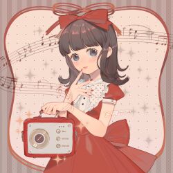 Rule 34 | 1girl, back bow, black eyes, bow, bowtie, brown hair, buttons, center frills, collared shirt, commentary, cowboy shot, dress, eyelashes, finger to mouth, frilled dress, frills, grey background, hair bow, highres, holding radio, lace-trimmed collar, lace trim, light blush, looking at viewer, medium hair, musical note, nail polish, open mouth, original, polka dot, polka dot background, polka dot bowtie, puffy short sleeves, puffy sleeves, red bow, red dress, red nails, red ribbon, red sleeves, ribbon, shirt, short sleeves, smile, solo, sparkle, striped, striped bow, symbol-only commentary, twitter username, two-tone background, white background, white bow, white bowtie, white shirt, yeshisi