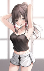 Rule 34 | 1girl, absurdres, alternate costume, armpits, arms up, bare arms, bare shoulders, black tank top, blurry, blurry background, blush, breasts, brown eyes, brown hair, cleavage, collarbone, commentary request, cowboy shot, crop top, dolphin shorts, drawstring, hair tie, hair tie in mouth, hakurei reimu, highres, hire (uret4788), long hair, looking at viewer, medium breasts, midriff, mouth hold, navel, ponytail, shirt, short shorts, shorts, sleeveless, sleeveless shirt, solo, tank top, thighs, touhou, white shorts