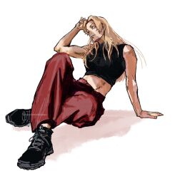 1girl black_footwear black_shirt commentary_request crop_top hand_on_ground highres jujutsu_kaisen light_smile long_hair looking_ahead nandemotokasu pants red_pants scar scar_on_shoulder shirt simple_background sitting sleeveless solo tsukumo_yuki_(jujutsu_kaisen) twitter_username