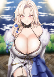Rule 34 | 1girl, absurdres, bare shoulders, black thighhighs, blonde hair, blue ribbon, breasts, cleavage, collarbone, commentary, commentary typo, cowboy shot, fur-trimmed kimono, fur trim, garter straps, goddess of victory: nikke, hair over shoulder, hair ribbon, highres, japanese clothes, kimono, large breasts, long hair, looking at viewer, ludmilla (nikke), ludmilla (winter owner) (nikke), off shoulder, official alternate costume, parted bangs, parted lips, pink eyes, ramiki (ramesgoag), ribbon, sidelocks, smile, solo, standing, thighhighs, wavy hair, white kimono