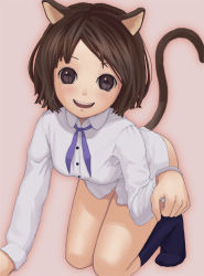 Rule 34 | 1girl, all fours, animal ears, bad id, bad pixiv id, bottomless, brown eyes, brown hair, cat ears, cat tail, dress shirt, eye reflection, grin, open mouth, paw pose, reflection, shirt, short hair, smile, socks, solo, tail, teeth, tko (hhan)
