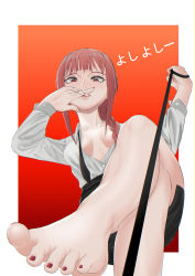 Rule 34 | 1girl, barefoot, blouse, braid, braided ponytail, breasts, brown hair, buttoned cuffs, buttons, chainsaw man, cleavage, collarbone, crossed legs, femdom, foot focus, foreshortening, highres, leash, leash pull, legs, light smile, long hair, long sleeves, looking at viewer, looking down, makima (chainsaw man), medium breasts, nail polish, open clothes, open shirt, pov, red eyes, red nails, ringed eyes, seven (corea0918), shirt, shirt tucked in, skirt, smile, soles, solo, toenail polish, toenails, untied
