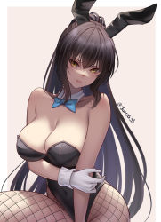 Rule 34 | 1girl, animal ears, bare arms, bare shoulders, black hair, black leotard, blue archive, blue bow, blue bowtie, bow, bowtie, breasts, cleavage, closed mouth, covered navel, dark-skinned female, dark skin, detached collar, fake animal ears, fishnet pantyhose, fishnets, frown, furrowed brow, gloves, gradient hair, hair between eyes, highleg, highleg leotard, highres, jurrig, karin (blue archive), karin (bunny) (blue archive), large breasts, leotard, long hair, multicolored hair, pantyhose, playboy bunny, ponytail, rabbit ears, resolution mismatch, sidelocks, solo, source smaller, strapless, strapless leotard, twitter username, white gloves, yellow eyes