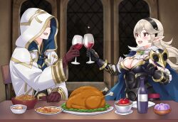 Rule 34 | 1boy, 1girl, apple, armor, black armor, black hairband, bottle, breasts, cleavage, commentary, corrin (female) (fire emblem), corrin (female) (nohr noble) (fire emblem), corrin (fire emblem), couple, cup, detached collar, dinner, drinking glass, english commentary, faceless, faceless male, fire emblem, fire emblem fates, fire emblem heroes, food, fruit, gelatin, gold trim, grey hair, hairband, hetero, highres, hood, hood up, hooded robe, igni tion, indoors, kiran (fire emblem), kiran (male) (fire emblem), large breasts, looking at another, mashed potatoes, nintendo, official alternate costume, open mouth, pointy ears, red eyes, robe, teeth, thanksgiving, toasting (gesture), turkey (food), upper body, upper teeth only, white robe, wine bottle, wine glass
