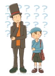 Rule 34 | 2boys, ?, abarenbou bifun, bag, black hairband, black jacket, black pants, blue headwear, blue sweater, blush, brown bag, brown footwear, brown hair, cabbie hat, closed eyes, closed mouth, collared shirt, frown, full body, green footwear, grey shorts, hairband, hand on own chin, hand up, hat, hershel layton, high collar, highres, jacket, long sleeves, luke triton, male focus, multiple boys, open clothes, open jacket, orange sweater, pants, professor layton, shirt, shoes, short hair, shorts, shoulder bag, socks, standing, sweater, thinking, top hat, v-shaped eyebrows, white background, white shirt, white socks