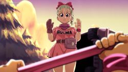 Rule 34 | aka nobodyy, blue hair, blurry, blurry foreground, braid, brown gloves, bulma, car, character name, dragon ball, dragon ball (classic), dress, gloves, goku day, hair ribbon, hands up, highres, holding, holding polearm, holding weapon, motor vehicle, pink dress, polearm, pov, red ribbon, ribbon, ruyi jingu bang, single glove, son goku, tree, twitter username, weapon