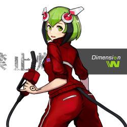 Rule 34 | 10s, 1girl, android, ass, bass386, cable, cable tail, copyright name, cowboy shot, dimension w, from behind, gas pump nozzle, green eyes, green hair, highres, looking at viewer, looking back, matching hair/eyes, md5 mismatch, mechanical tail, multicolored hair, open mouth, robot ears, short hair, smile, solo, streaked hair, tail, teeth, track suit, two-tone hair, yurizaki mira