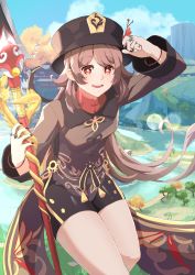 Rule 34 | black nails, brown hair, chinese clothes, coat, flower, genshin impact, hat, highres, holding, holding weapon, hu tao (genshin impact), jewelry, long hair, looking at viewer, nail polish, nyaanite, open mouth, plum blossoms, red eyes, ring, scenery, shorts, smile, symbol-shaped pupils, teeth, thighs, weapon