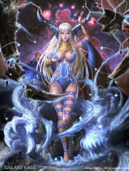 Rule 34 | 1girl, blue eyes, bracer, breasts, company name, copyright name, crystal, detached sleeves, electricity, english text, full body, galaxy saga, gluteal fold, horns, icy guardian, kilart, large breasts, leotard, lips, long hair, magic, nail polish, parted lips, realistic, revision, silver hair, smoke, solo, standing, thigh strap, very long hair, watermark