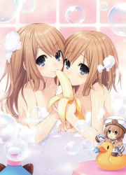 Rule 34 | &gt;:&lt;, 10s, 2011, 3girls, :&lt;, absurdres, banana, banana peel, bare shoulders, bath, bath stool, bathing, bathtub, blanc (neptunia), blue eyes, blush, blush stickers, bottle, brooch, brown hair, bubble, bubble bath, character doll, chibi, closed mouth, collarbone, convenient censoring, dogoo, female focus, flat chest, foam, food, frilled hat, frills, from side, fruit, fur trim, hat, highres, holding, holding food, holding fruit, image sample, jewelry, jitome, light smile, long hair, long sleeves, looking at viewer, mouth hold, multiple girls, neck ribbon, neptune (series), nude, official art, parted bangs, partially submerged, raised eyebrows, ram (neptunia), ribbon, riding, rom (neptunia), rubber duck, same-sex bathing, scan, sexually suggestive, shared bathing, shared food, short hair, siblings, sisters, sleeve cuffs, sleeves past wrists, smile, soap bubbles, soap censor, stool, tile wall, tiles, toy, triangle mouth, tsunako, twins, upper body, v-shaped eyebrows, water, wet