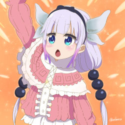 Rule 34 | 10s, 1girl, absurdres, bad id, bad pixiv id, blue eyes, capelet, dragon girl, dragon horns, dragon tail, hair bobbles, hair ornament, hairband, hand up, highres, horns, kanna kamui, kobayashi-san chi no maidragon, light purple hair, long hair, low twintails, md5 mismatch, open mouth, resolution mismatch, solo, tail, twintails, twitter username, verse