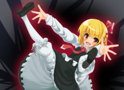 Rule 34 | 1girl, :d, blonde hair, bloomers, embodiment of scarlet devil, fang, female focus, hair ribbon, highres, necktie, open mouth, orange eyes, outstretched arms, pantyhose, red eyes, red necktie, ribbon, rumia, short hair, shouji ayumu, smile, solo, spread arms, team shanghai alice, touhou, underwear, white pantyhose