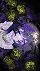 Rule 34 | 1girl, absurdres, black shirt, black skin, black tears, brown hair, claws, colored skin, flower, frilled shirt, frills, gradient skin, green flower, green rose, hair between eyes, hand on own face, hand up, highres, jewelry, looking at viewer, maronrice, multicolored hair, neck ruff, necklace, official art, original, parted lips, portrait, purple background, purple eyes, purple hair, rose, shirt, short hair, sideways, solo, straight-on, streaked hair, tears, wide-eyed