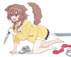 Rule 34 | 14 (vision5032), 1girl, :3, absurdres, all fours, animal collar, animal ears, bare legs, barefoot, bone hair ornament, braid, breasts, brown eyes, brown hair, cleavage, collar, collarbone, dog ears, dog girl, dog tail, dot nose, dress, extra ears, fangs, hair between eyes, hair ornament, hair over shoulder, hairclip, hand up, highres, holding, holding knife, hololive, inugami korone, inugami korone (1st costume), jacket, knife, legs, long sleeves, looking to the side, low twin braids, medium breasts, medium hair, open clothes, open jacket, open mouth, red collar, red socks, shoes, unworn shoes, short dress, side braids, sidelocks, simple background, smile, sneakers, socks, unworn socks, solo, tail, tareme, toes, twin braids, vest, virtual youtuber, white background, white dress, yellow jacket