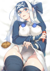 Rule 34 | 10s, 1girl, ainu clothes, bed sheet, black thighhighs, blue eyes, carrot, covered erect nipples, fingernails, headband, highres, kamoi (kancolle), kantai collection, long hair, long sleeves, looking at viewer, lying, on back, open mouth, panties, potato, smile, solo, thick eyebrows, thighhighs, underwear, white hair, white panties, yui.h