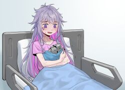 Rule 34 | 1girl, agemmata, bed, bed sheet, blanket, choppy bangs, colored inner hair, gem, gradient background, grey hair, highres, holding baby, hololive, hololive english, hospital bed, hospital gown, jewel under eye, koseki bijou, light blush, light frown, long hair, messy hair, moai, multicolored hair, on bed, open mouth, pillow, pink hair, pink shirt, purple eyes, self-upload, shirt, sidelocks, sitting, statue, sweat, two-tone hair, under covers, virtual youtuber