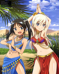 Rule 34 | 2girls, :d, absurdres, ahoge, alternate costume, arabian clothes, armlet, armpits, arms up, black hair, blonde hair, blue eyes, blue skirt, blue sky, breasts, choker, cleavage, closed mouth, cloud, collarbone, cowboy shot, dancer, dancing, day, desert, earrings, fang, francesca lucchini, from side, gem, gold bracelet, green eyes, hair ribbon, halterneck, hanna-justina marseille, harem outfit, highres, itoi megumi, jewelry, lake, long hair, looking at viewer, mc axis, medium breasts, medium hair, multiple girls, necklace, oasis, official art, open mouth, outdoors, palm tree, red skirt, ribbon, sand, side slit, skirt, sky, small breasts, smile, strike witches, tree, twintails, world witches series