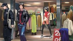 Rule 34 | 1girl, 2boys, arms behind back, black eyes, black hair, black thighhighs, blue coat, breasts, cellphone, clothes rack, unworn clothes, coat, unworn coat, english text, excessive pubic hair, exhibitionism, hair ornament, hairclip, hand on own arm, highres, indoors, jukkaku komado, long hair, mannequin, medium breasts, multiple boys, naked scarf, navel, nipples, nude, original, phone, pubic hair, public indecency, red scarf, ribs, scarf, shoes, shop, smartphone, sneakers, spread legs, standing, thighhighs, tiptoes, tongue, tongue out, white footwear