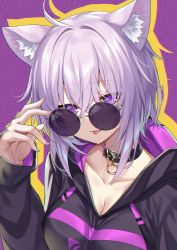 Rule 34 | 1girl, :p, ahoge, animal ear fluff, animal ears, breasts, cat ears, collar, collarbone, commentary, hair between eyes, highres, hololive, ks (xephyrks), light purple hair, long sleeves, looking at viewer, medium breasts, medium hair, nekomata okayu, nekomata okayu (1st costume), purple-tinted eyewear, purple eyes, round eyewear, simple background, solo, sunglasses, tinted eyewear, tongue, tongue out, upper body, virtual youtuber