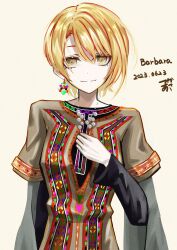 Rule 34 | 1girl, adjusting necklace, bead necklace, beads, blonde hair, character name, cowboy shot, dated, earrings, floral print, highres, jewelry, light smile, long shirt, long sleeves, looking at viewer, necklace, original, shirt, short hair, signature, simple background, single earring, solo, tsukaasa, yellow eyes