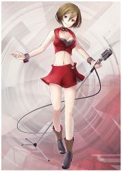 Rule 34 | 1girl, absurdres, boots, breasts, brown eyes, brown hair, choker, cleavage, collarbone, full body, hair between eyes, head tilt, highres, holding, holding microphone, looking at viewer, medium breasts, meiko (vocaloid), meiko (vocaloid3), microphone, microphone stand, midriff, navel, parted lips, red skirt, short hair, skirt, sleeveless, smile, solo, standing, stomach, vocaloid, wrist cuffs, yen-mi
