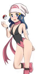 Rule 34 | 1girl, adapted costume, bare legs, beanie, black socks, blue eyes, blue hair, casual one-piece swimsuit, creatures (company), dawn (pokemon), feet out of frame, game freak, hair ornament, hairclip, hat, highleg, highleg swimsuit, long hair, nintendo, one-piece swimsuit, pabsmikan, pink footwear, poke ball, poke ball (basic), poke ball print, pokemon, pokemon (anime), pokemon dppt (anime), red scarf, scarf, simple background, socks, solo, standing, swimsuit, two-tone swimsuit, white background, white hat, wide hips