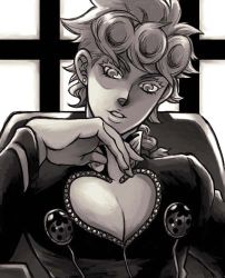 Rule 34 | 1boy, braid, bug, earrings, giorno giovanna, hand on own face, insect, jewelry, jojo no kimyou na bouken, ladybug, lowres, male focus, monochrome, open mouth, short hair, sima nozomu, sitting, solo, vento aureo, window